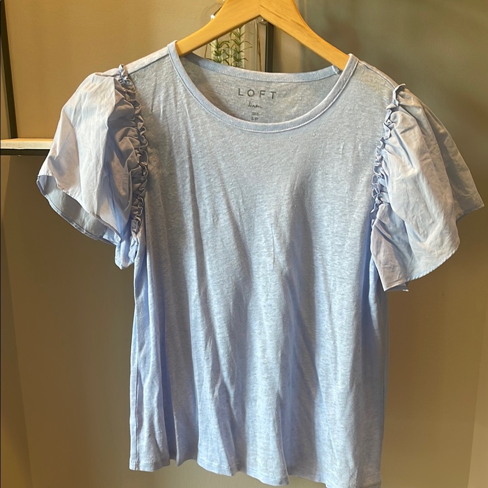 LOFT Blue Ruffled Short Sleeve Blouse